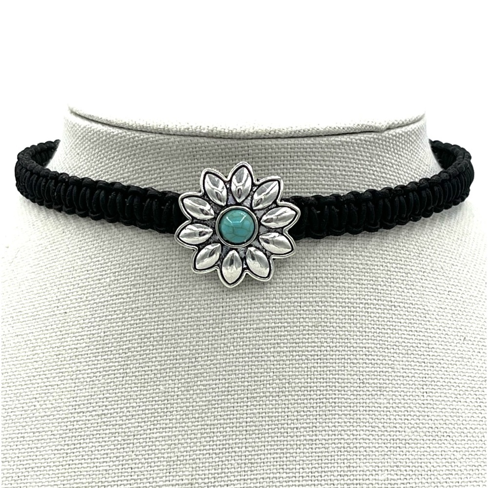 Hand Crafted Black Choker with Turquoise Flower Accent